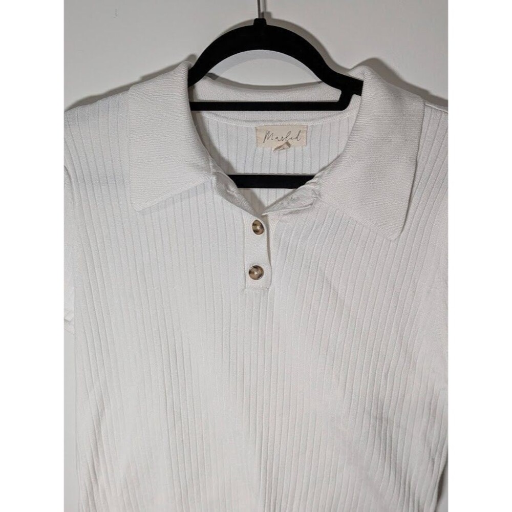 Marled XL White Ribbed Knit Polo Shirt Short Sleeve Soft Rayon Blend Preppy CHIC